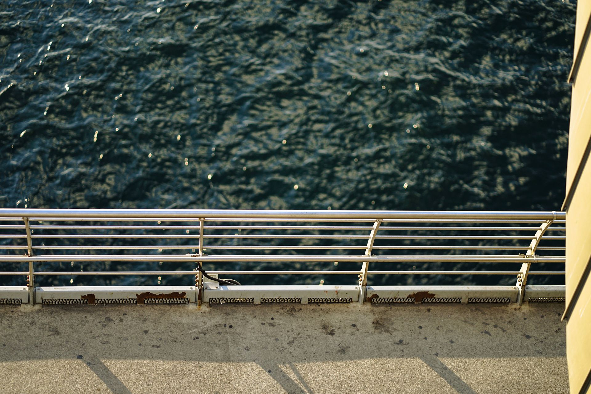 Perspective from a ship's deck, showcasing the ocean and metal railing in soft daylight.